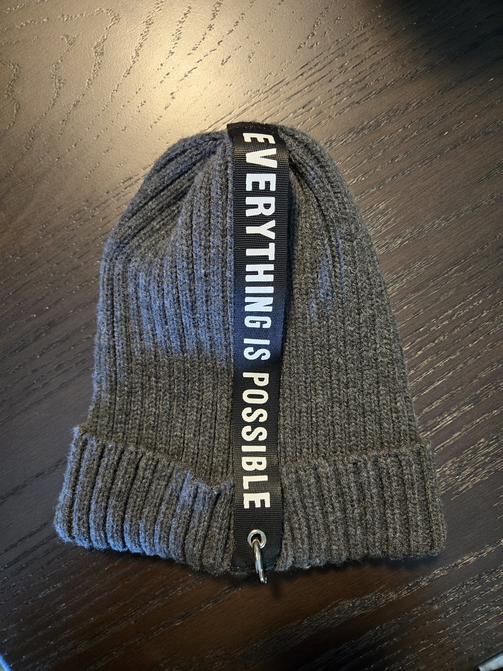 Grey Knit Beanie with 'Everything Is Possible' Strap